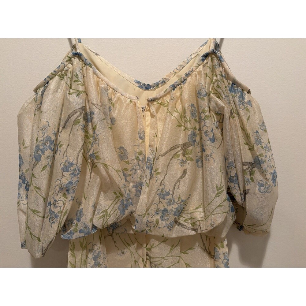 Vtg 70s Cream Delicate Blue Flowers Blouson Maxi Dress Floral Prairie Cottage - Picture 7 of 16